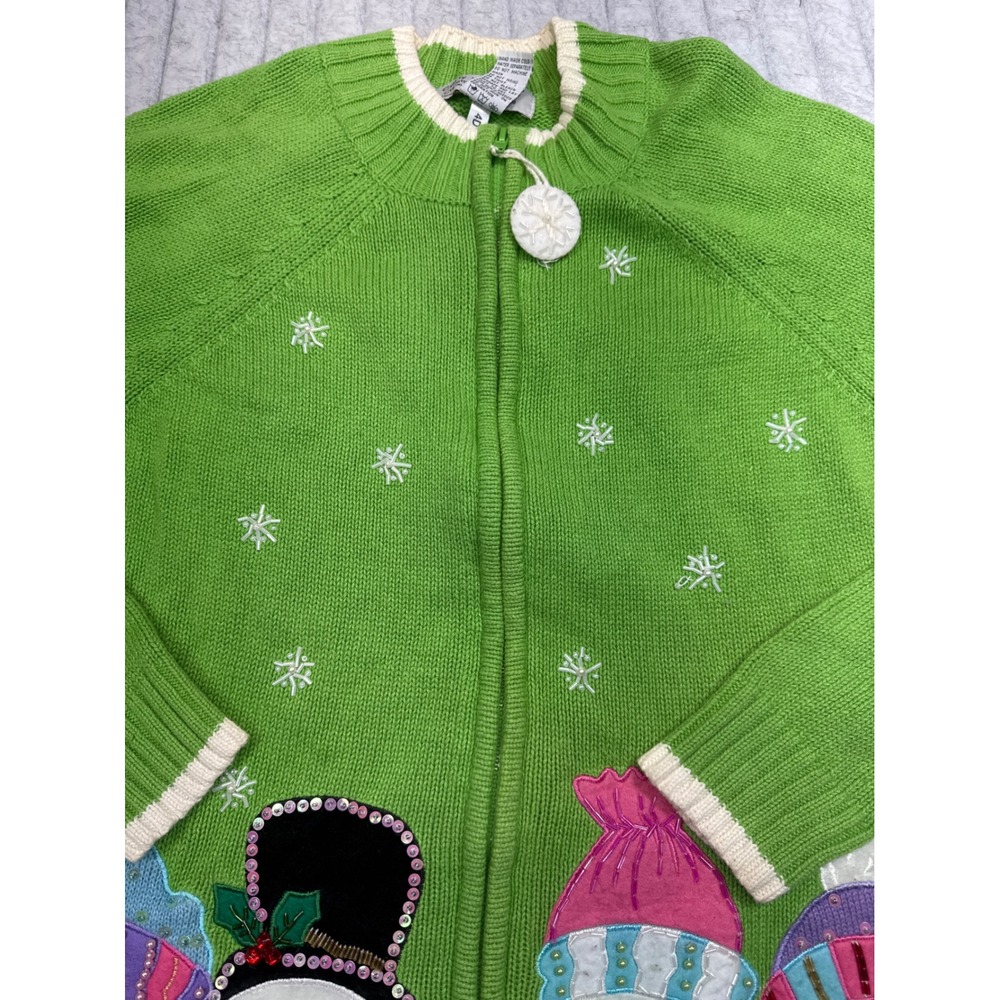 Carly St. Claire Womens Green Snowman Christmas Cardigan Sweater Zip Medium